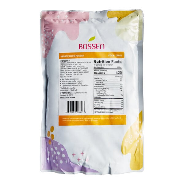 A white bag of Bossen Mango Pudding Powder with yellow and pink labels.