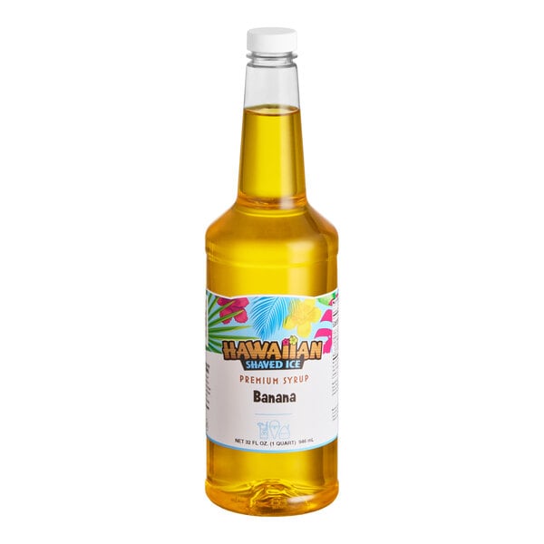 A 32 fl. oz. bottle of Hawaiian Shaved Ice banana-flavored snow cone syrup.