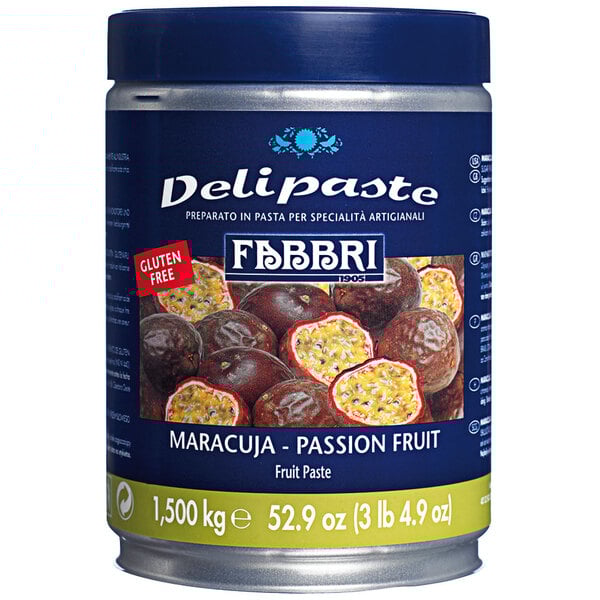 A case of Fabbri Delipaste passion fruit flavoring paste cans.