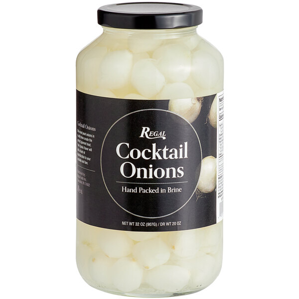 A jar of Regal cocktail onions with a black label.