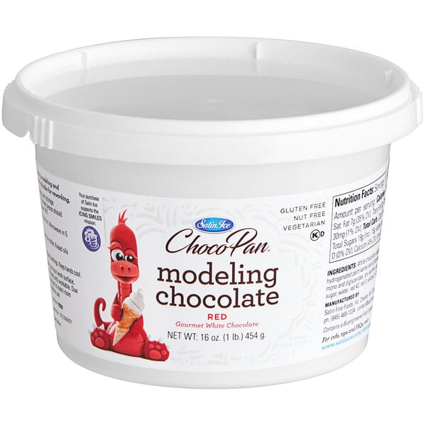 A white tub of Satin Ice ChocoPan red modeling chocolate.