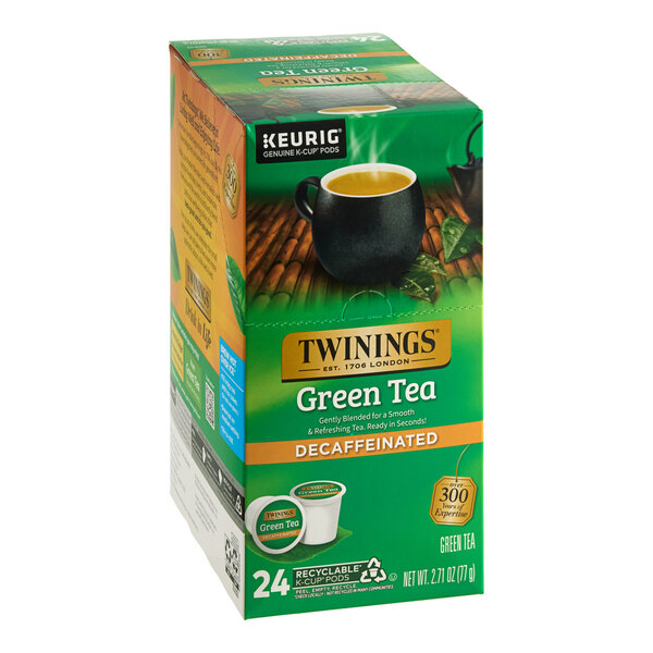 A box of Twinings green decaffeinated tea K-Cup pods with a picture of a cup.