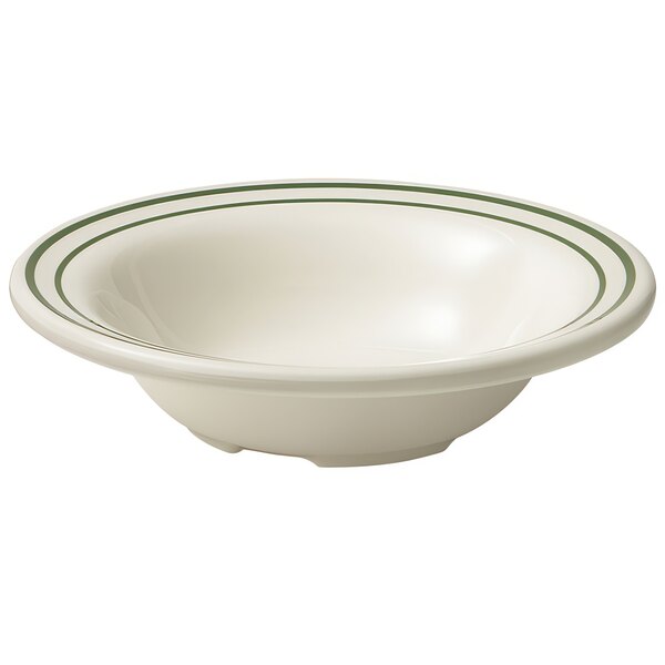 A white bowl with green stripes.