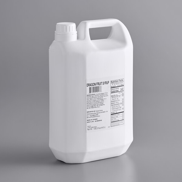 A white plastic jug of Fanale Dragon Fruit Concentrated Syrup with a white label.