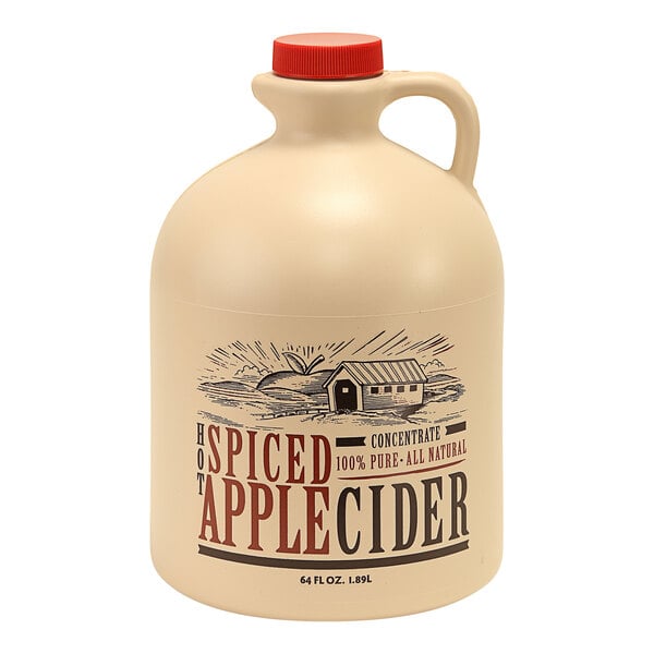 A Mountain Cider Company jug of 100% natural spiced apple cider concentrate with a red lid and a handle.