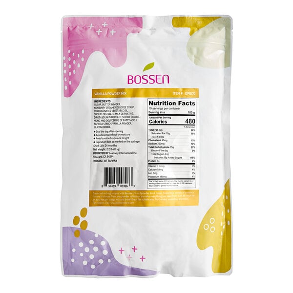 A white bag of Bossen Vanilla Powder with yellow and pink text.