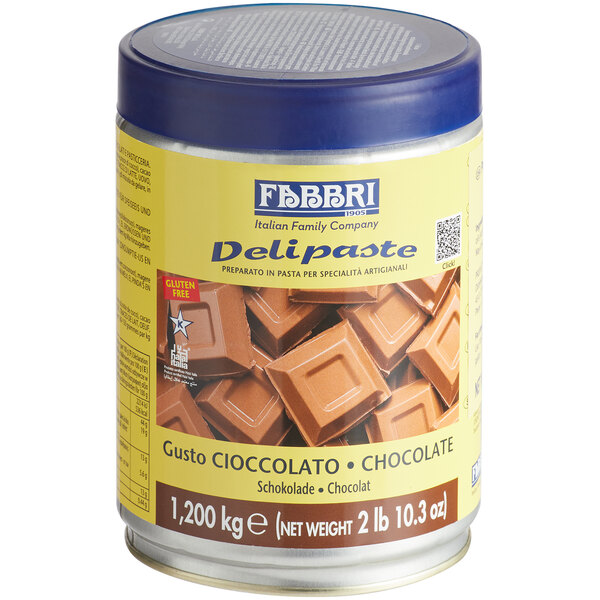 A brown and white can of Fabbri Chocolate Flavoring Paste.