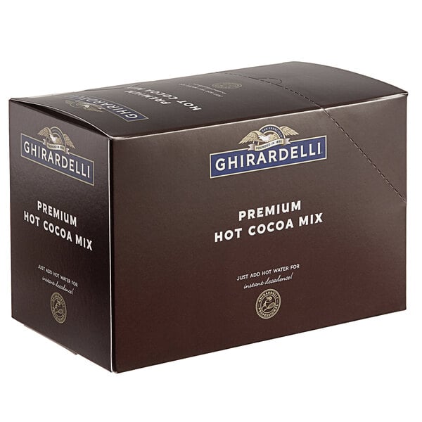A brown Ghirardelli box with white text for 15 premium hot cocoa packets.
