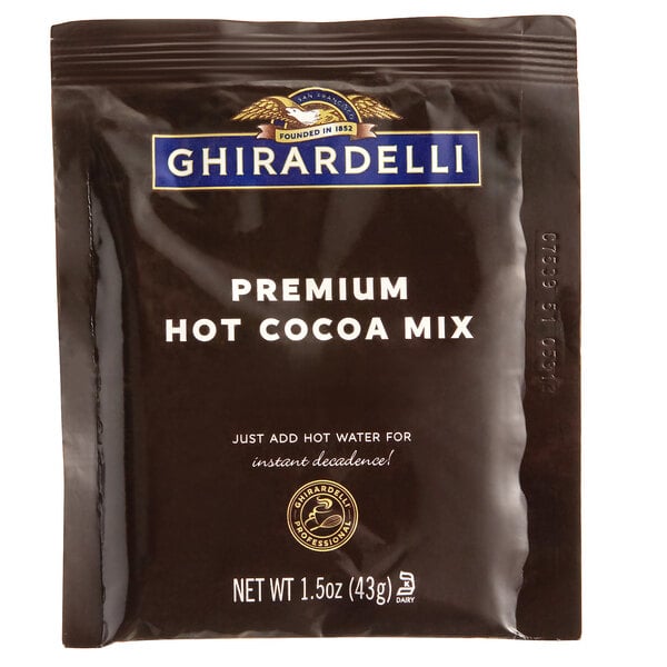 A brown box of 15 Ghirardelli hot cocoa mix packets.