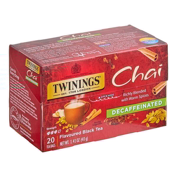 A red box of Twinings Chai Decaffeinated Tea Bags on a white background.