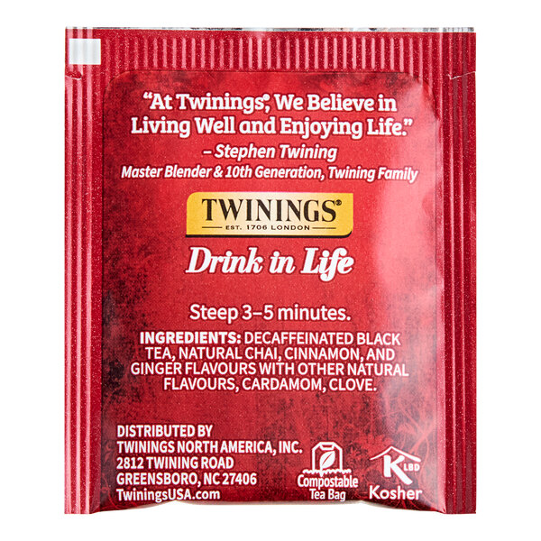 A red Twinings Chai Decaffeinated Tea Bags packet with white and black text.