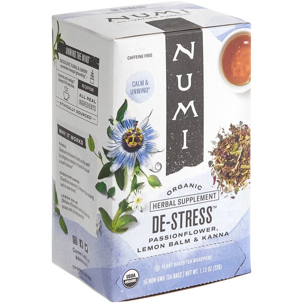 A box of Numi Organic De-Stress Herbal Tea with 16 tea bags.