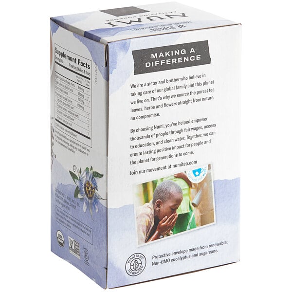 A white box of Numi Organic De-Stress Herbal Tea Bags with a label.