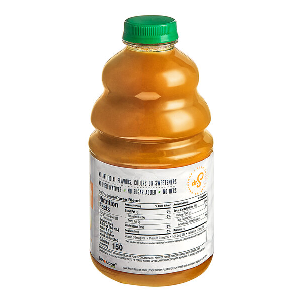 A close up of a bottle of Dr. Smoothie 100% Crushed Peach Pear Apricot fruit smoothie mix with a green cap.
