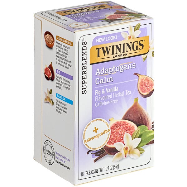 A white box of Twinings fig and vanilla herbal tea bags with purple and white text.