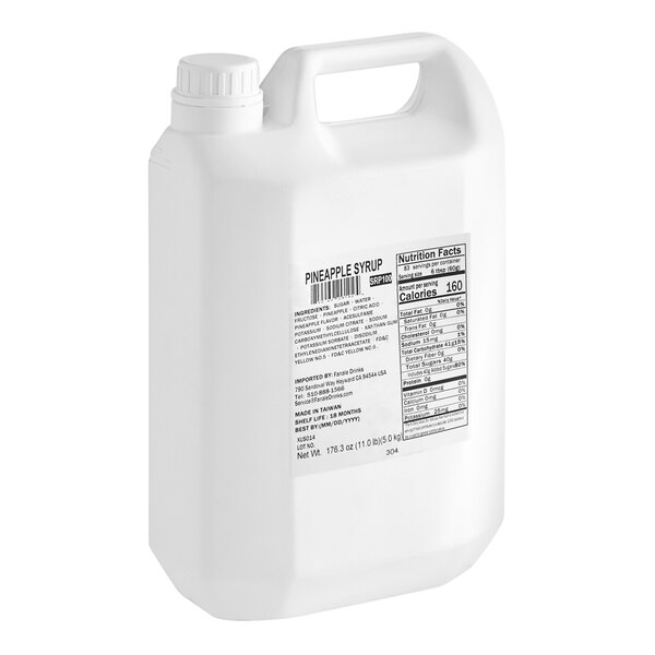 A white plastic container of Fanale Pineapple Concentrated Syrup with a label and handle.