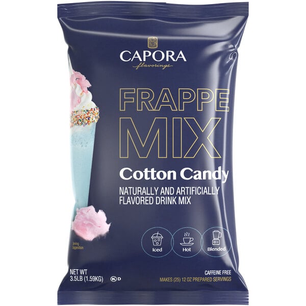 A blue bag of Capora Cotton Candy Frappe Mix.