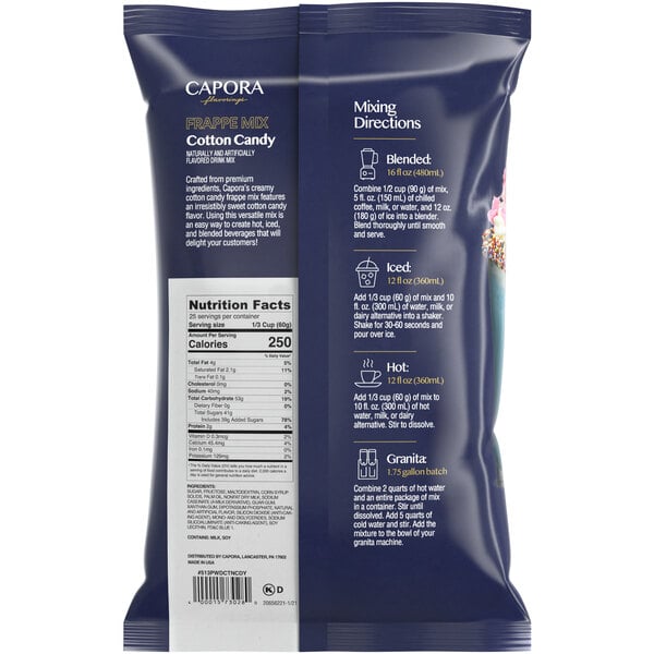 A blue bag of Capora Cotton Candy Frappe Mix with white and blue text.