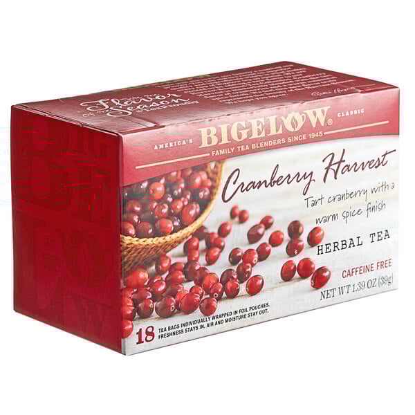 A white box of Bigelow Cranberry Harvest Herbal Tea bags.