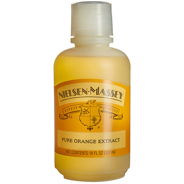 A white and orange labeled bottle of Nielsen-Massey Pure Orange Extract.