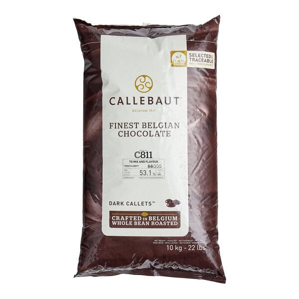 A white bag of Callebaut dark chocolate callets with black text and a yellow logo.