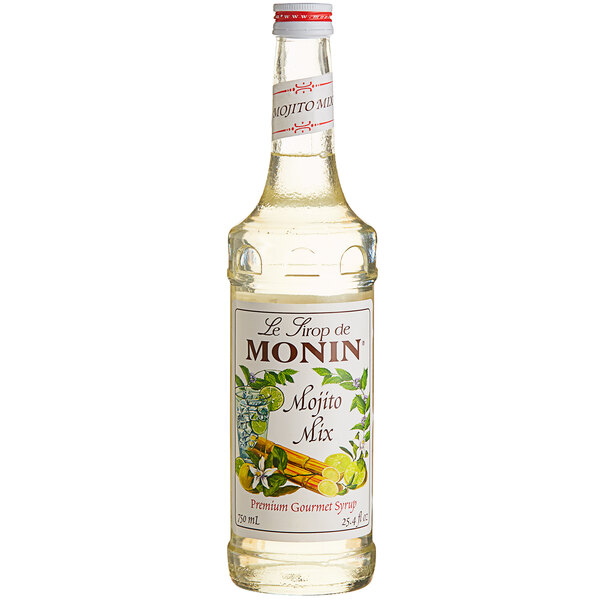 A bottle of Monin Mojito Mix with a label on a white background.
