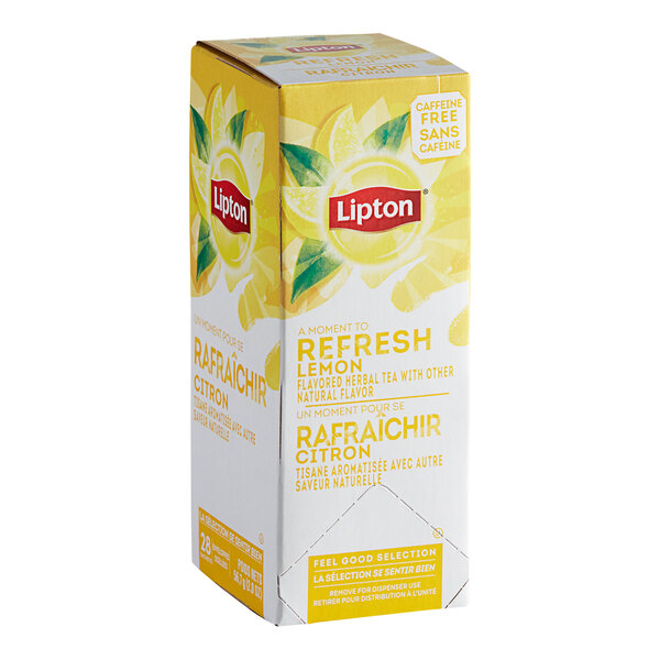 A white Lipton box of Lemon Herbal Tea Bags with yellow and white text.