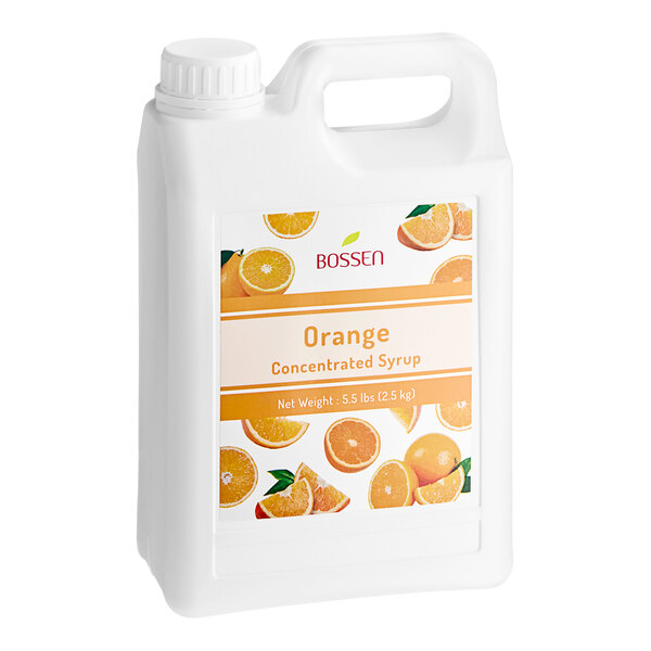 A white container of Bossen orange syrup with oranges on it.