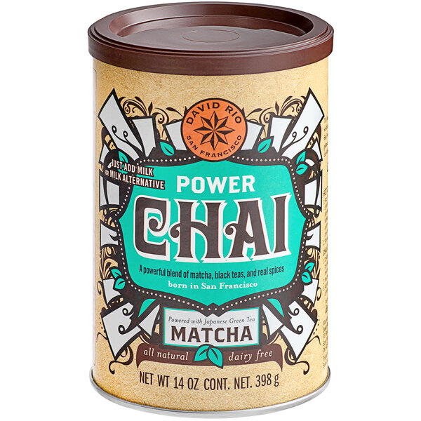 A case of David Rio Power Chai Tea Latte with Matcha Mix with a label on it.