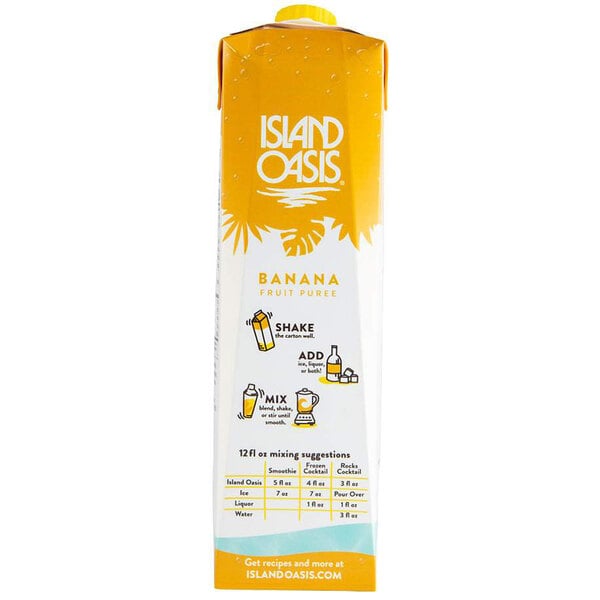 A white carton of Island Oasis Banana Puree Beverage Mix.