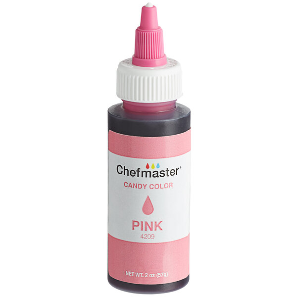 A Chefmaster bottle of pink oil-based food coloring.