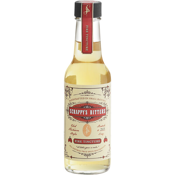 A bottle of Scrappy's Bitters Firewater Habanero Tincture with a label.