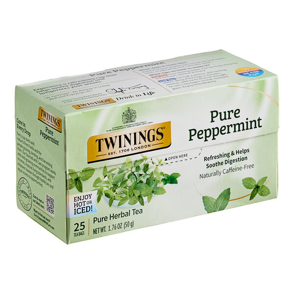 A box of Twinings Pure Peppermint Herbal Tea Bags with green and white text on a white background.