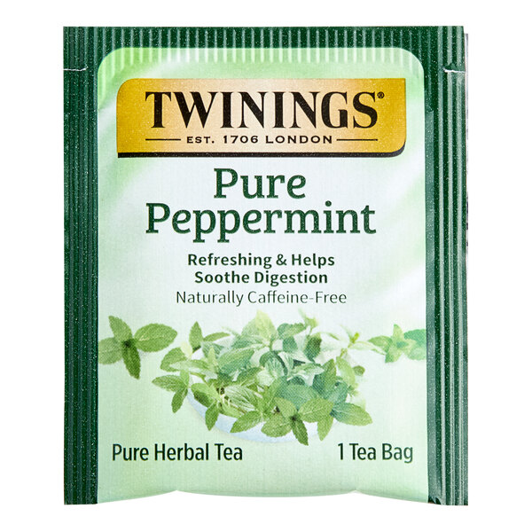 A green and white package of Twinings Pure Peppermint tea bags.
