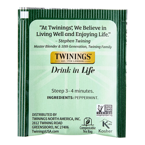 A green and white Twinings package of Pure Peppermint Herbal Tea bags.