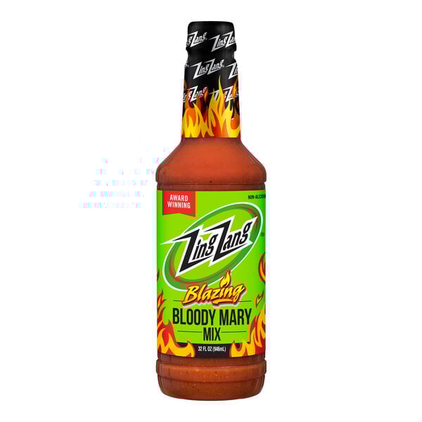 A bottle of Zing Zang Blazing Bloody Mary Mix with a red label.