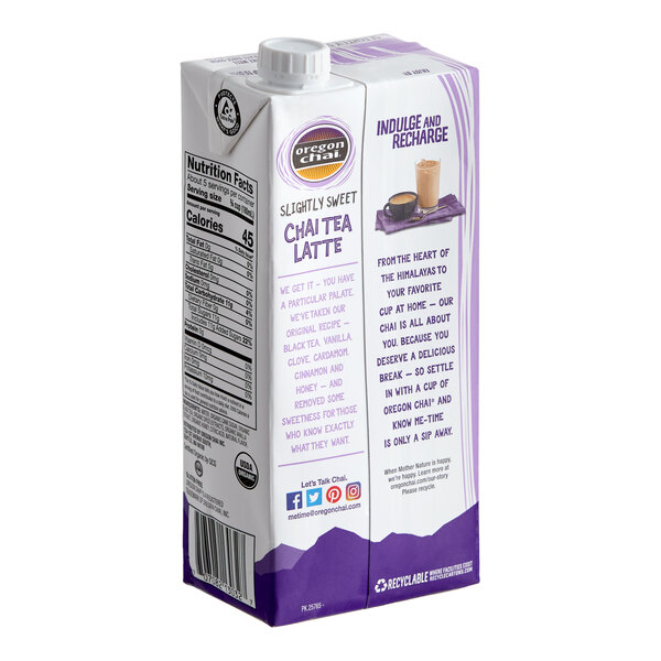 A 32 fl. oz. carton of Oregon Chai Organic Slightly Sweet Chai Tea Latte 1:1 concentrate.