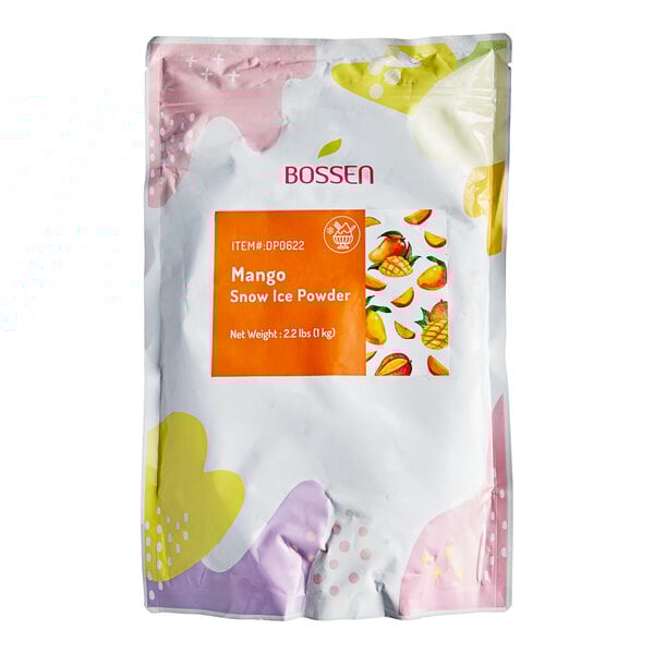 A white bag with orange label and orange text that reads "Bossen Mango Snow Ice Powder Mix"