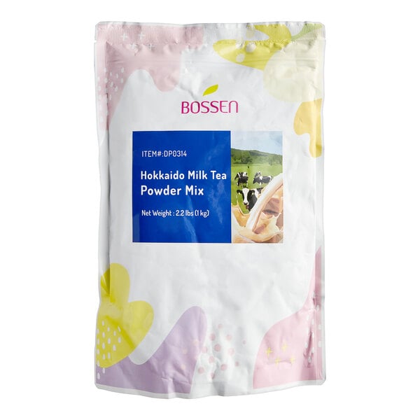 A white Bossen bag with a blue label for Hokkaido Milk Tea powder.