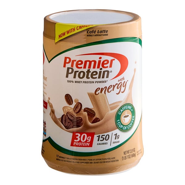 A container of Premier Protein Cafe Latte protein powder with a white label.