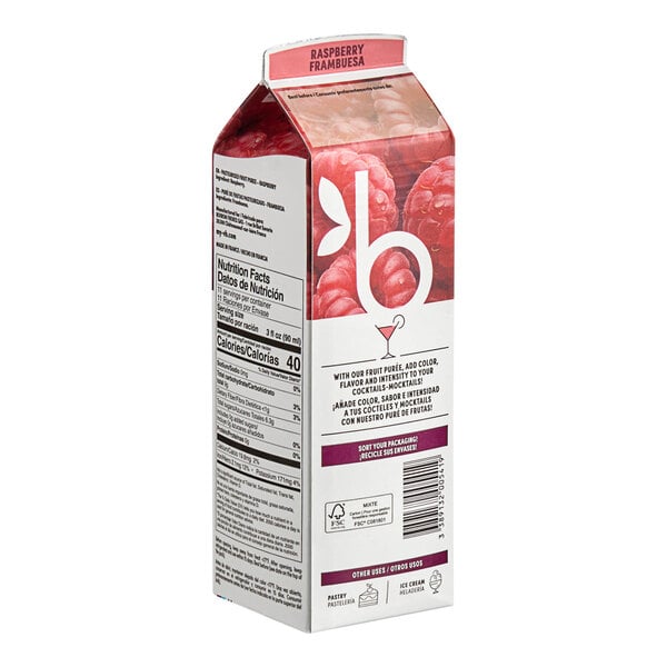 A close-up of a carton of Les Vergers Boiron Raspberry 100% Fruit Puree.