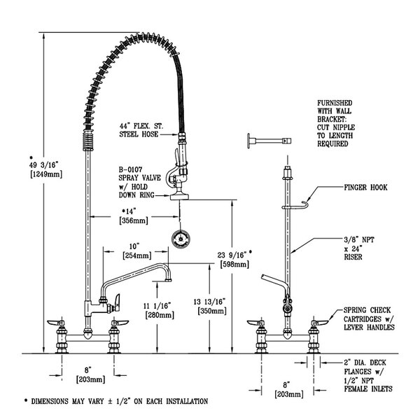 A diagram of a T&S EasyInstall deck mounted pre-rinse faucet with a hose and wall bracket.