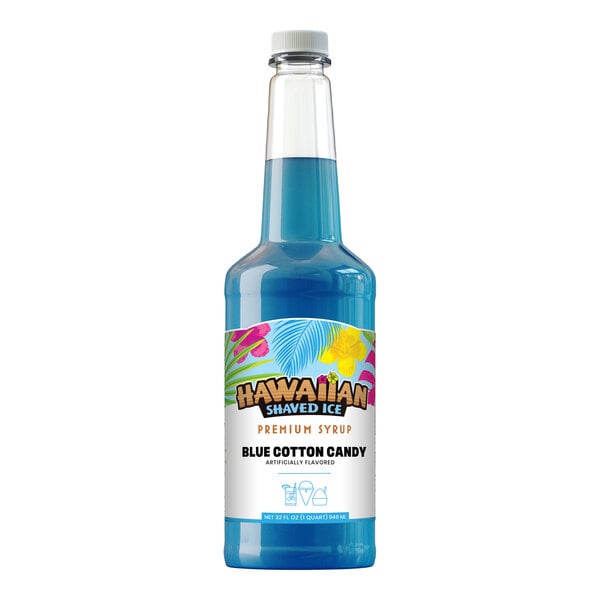 A 32 fl. oz. bottle of Hawaiian Shaved Ice Blue Cotton Candy snow cone syrup.