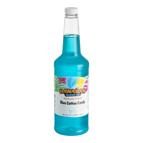 A 32 fl. oz. bottle of Hawaiian Shaved Ice Blue Cotton Candy snow cone syrup.