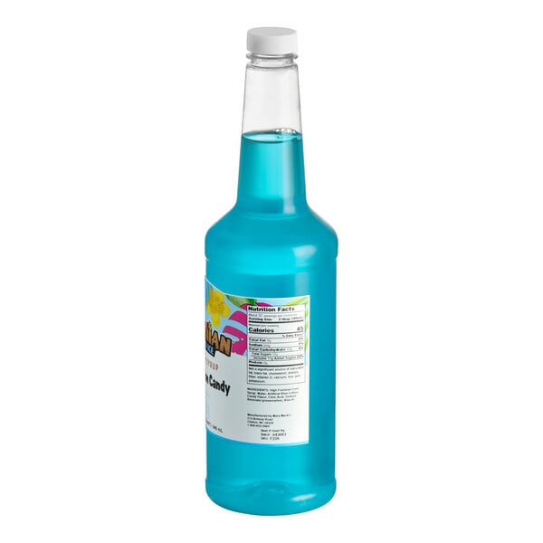 A 32 fl. oz. bottle of Hawaiian Shaved Ice Blue Cotton Candy Snow Cone Syrup.