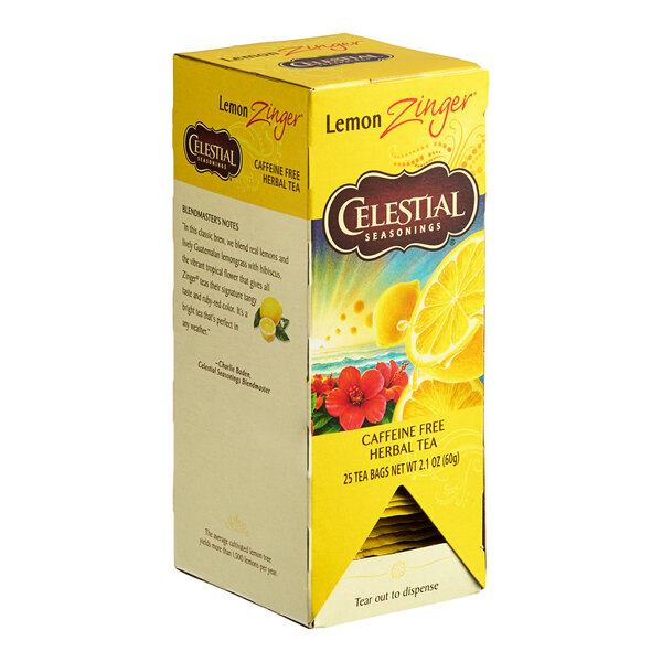 A yellow Celestial Seasonings box of 25 Lemon Zinger herbal tea bags.