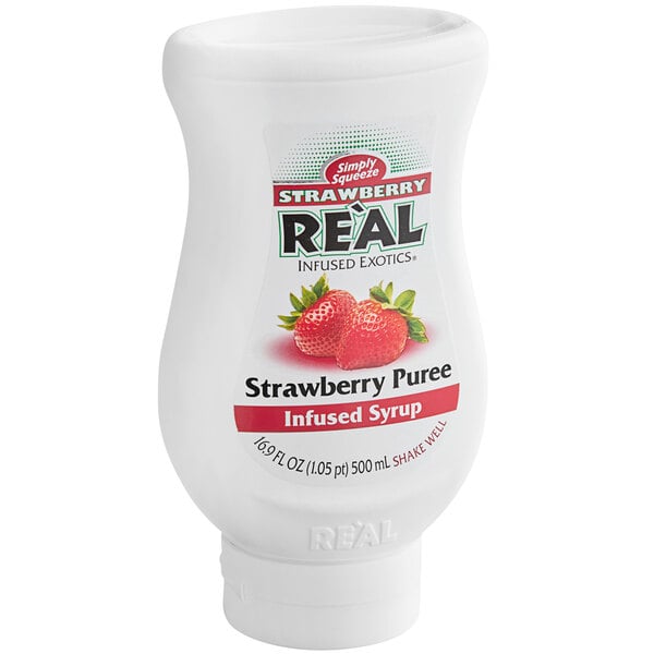 A white plastic container of Real strawberry puree infused syrup with a label.