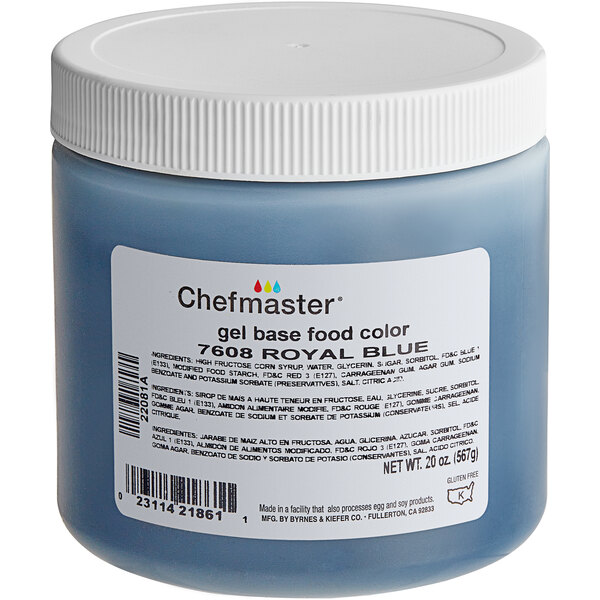 A blue container of Chefmaster Royal Blue Gel Food Coloring with a white lid.