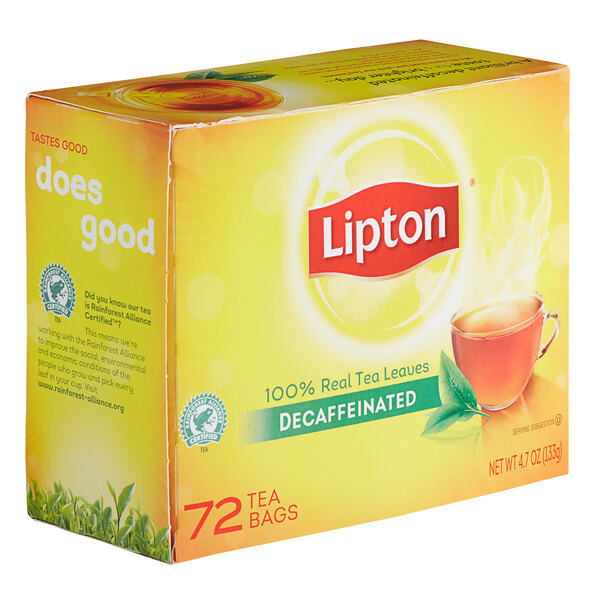 A yellow box of Lipton Decaffeinated Black Tea Bags with a picture of a cup of tea and a green leaf.