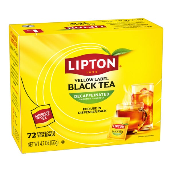 A yellow box of Lipton Yellow Label Decaffeinated Black Tea containing 72 enveloped tea bags, with images of a tea cup, a glass of iced tea, and a tea bag on the front.